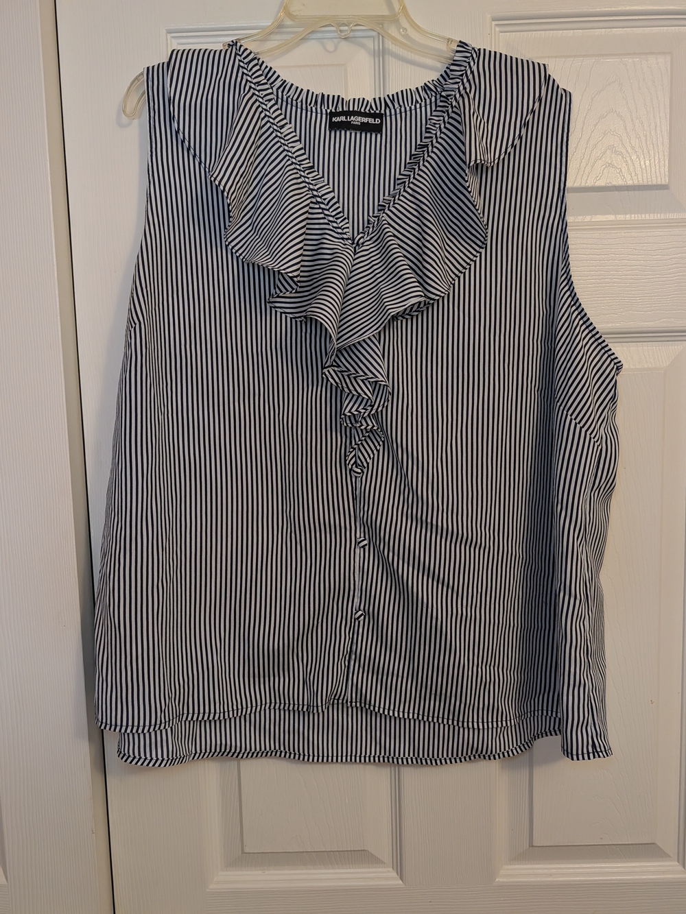 Karl Lagerfeld Black and White Striped Ruffle Front Sleeveless Blouse
